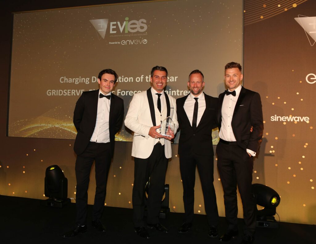 GRIDSERVE collecting their award at the 2021 EVIE awards. Image: Gareth Davies/Solar Media.