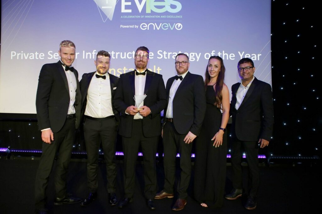 Instavolt accepting the ​Private Sector Infrastructure Strategy of the Year at the EVIEs 2022. Image: Capture Comms.