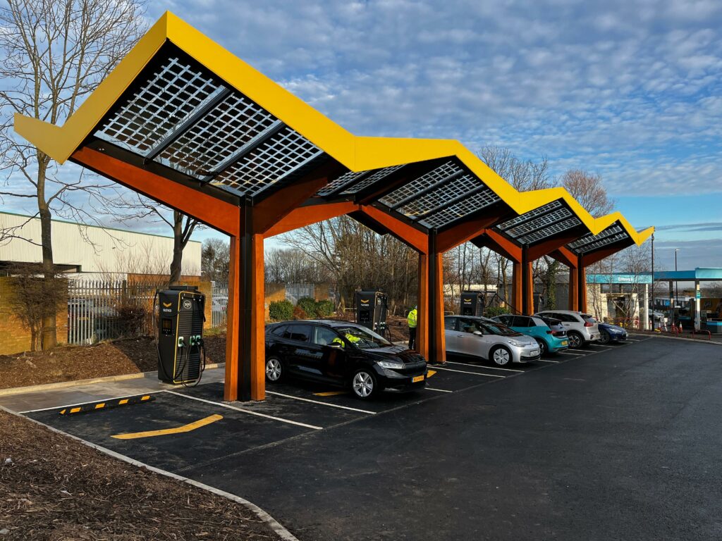 Fastned's first ultra-rapid EV charging station in the North-East is located off the A183 junction on Parsons Road between Gateshead and Washington. Image: Fastned.