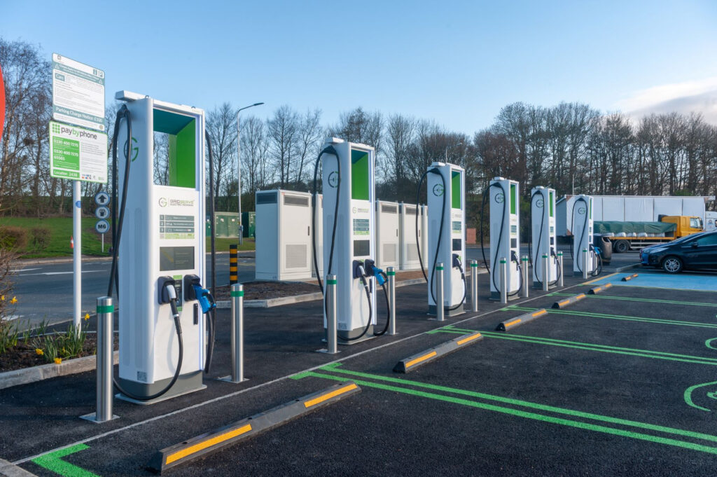 Moto and GRIDSERVE added 24 high-power EV chargers across three different sites in the UK. Image: GRIDSERVE