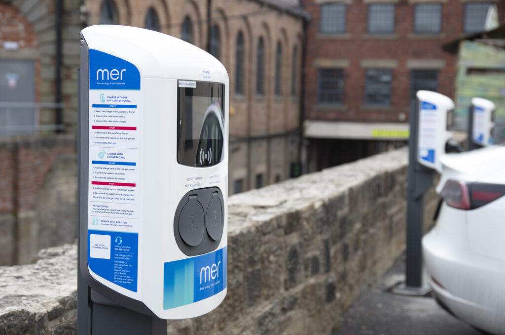 A Mer EV charger at Hoults Yard Creative Business Village in Newcastle. Image: Mer.