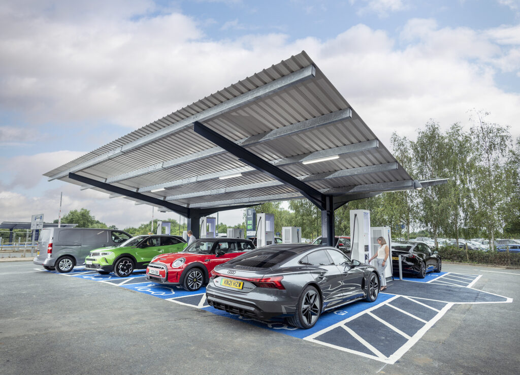 The EV charging HyperHub utilises solar canopies along with battery storage. Image: GridBeyond.