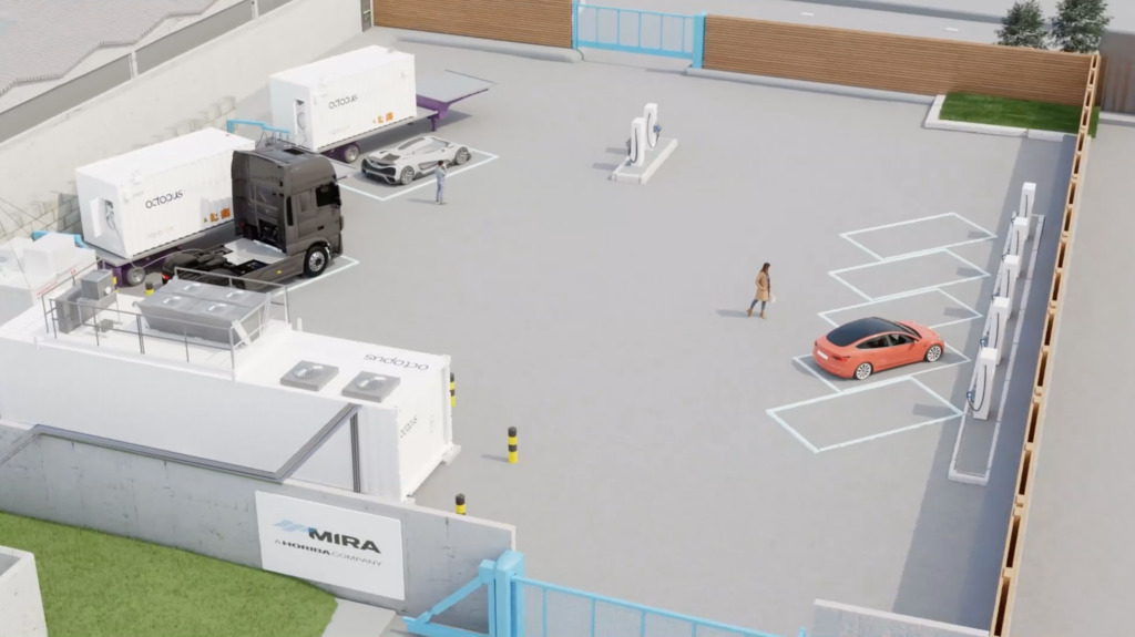 A graphic of what the EV and green hydrogen forecourt at the MIRA Technology Park will look like. Image: Octopus.