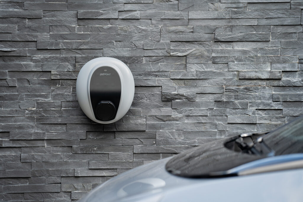 Pod Point says that their smart home charging can charge EVs 10x faster than a 3-pin plug. Image: Pod Point.