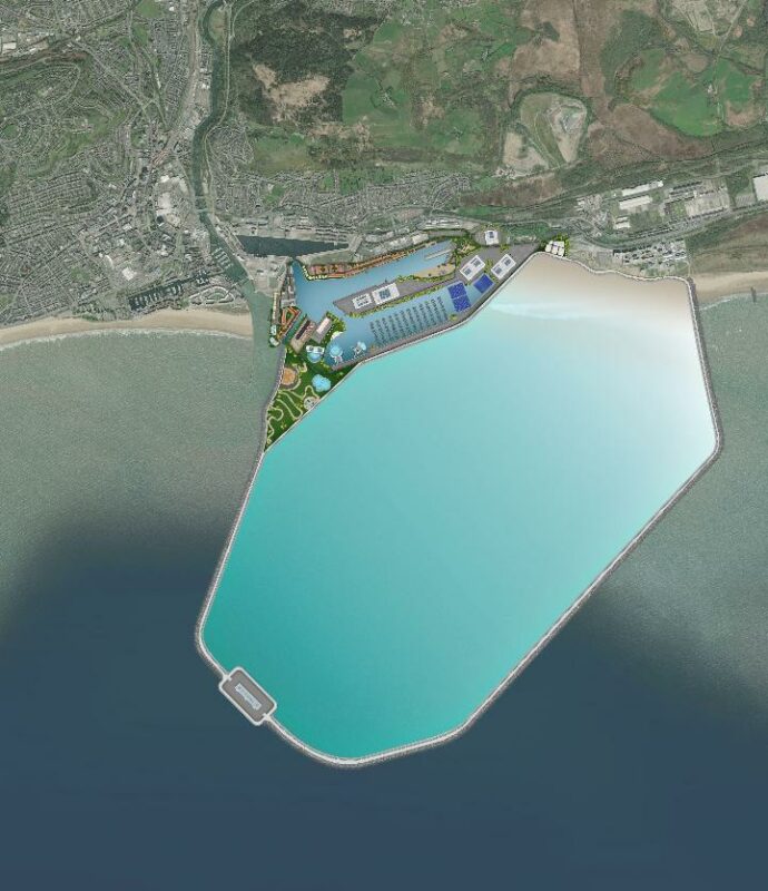 The 9.5km lagoon structure will include state-of-the-art underwater turbines generating 320MW of electricity. Image: Swansea Council.