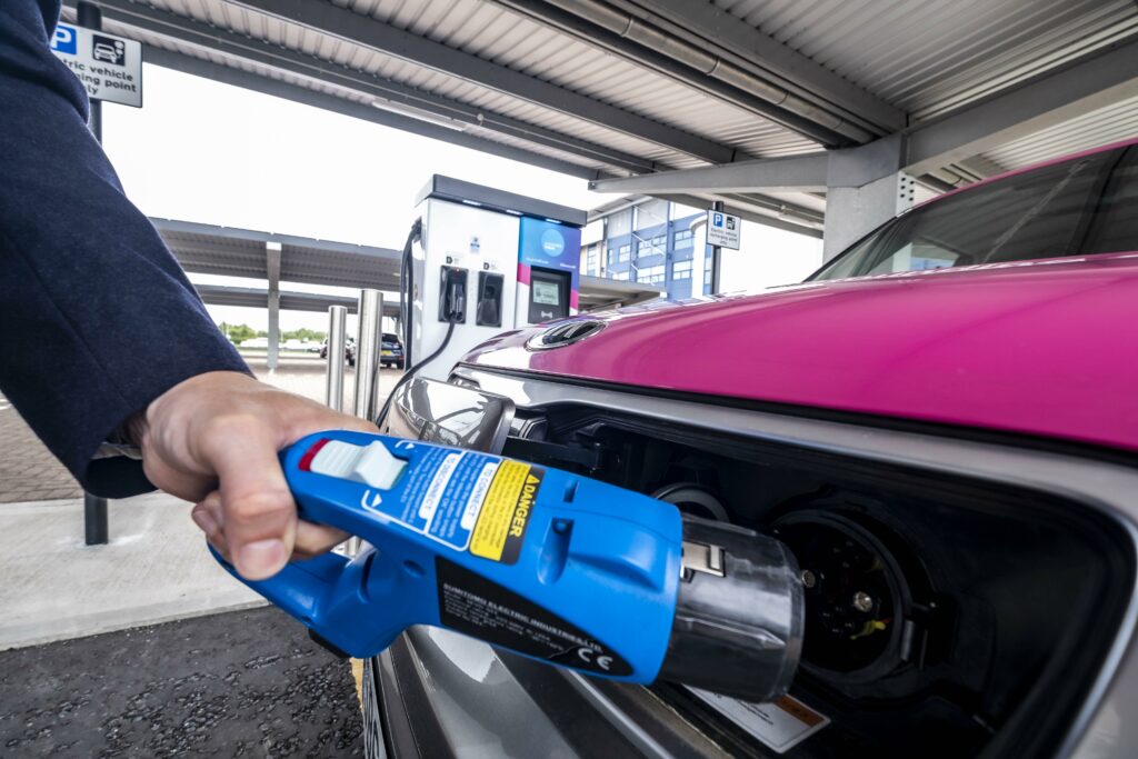 An EV charger at Falkirk Stadium. Image: Peter Devlin on behalf of Transport Scotland.