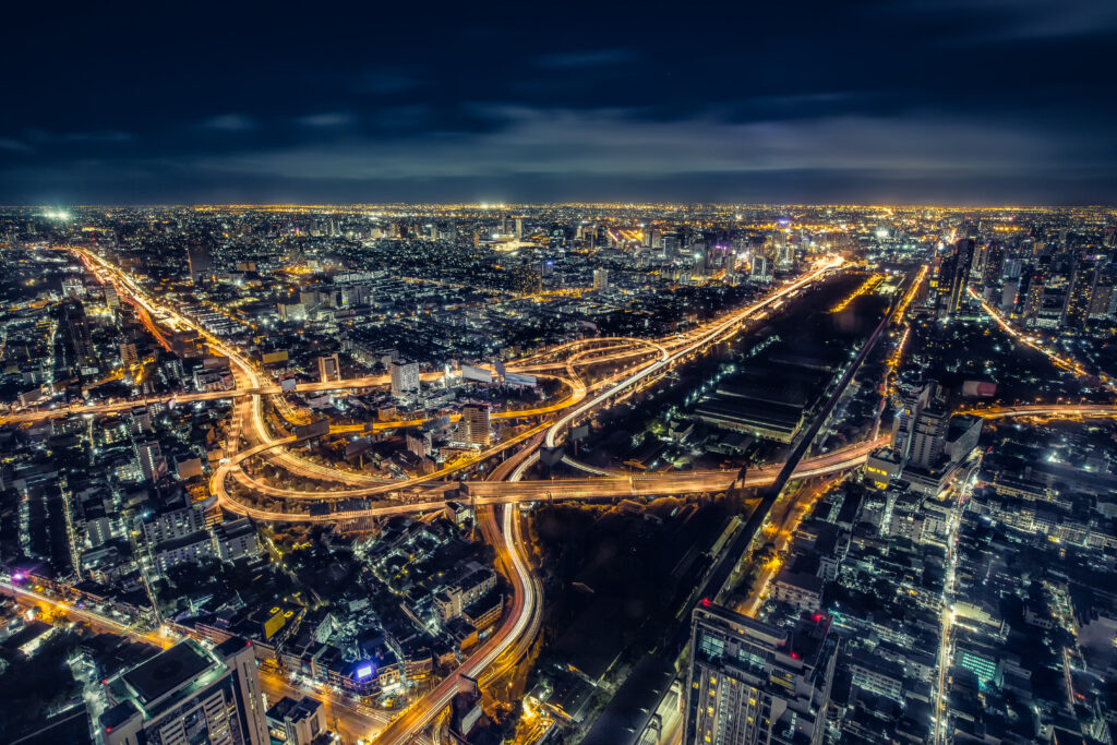 Cityscape Bangkok downtown at night, from the top of BAIYOKE Sky, Thailand. and technique long exposure and HDR filter.