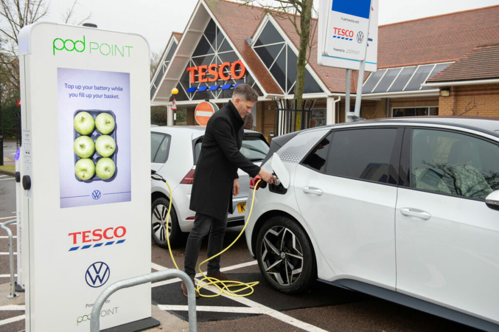 Tesco, Pod Point and Volkswagen started rolling out EV chargers in 2019. Image: Pod Point.