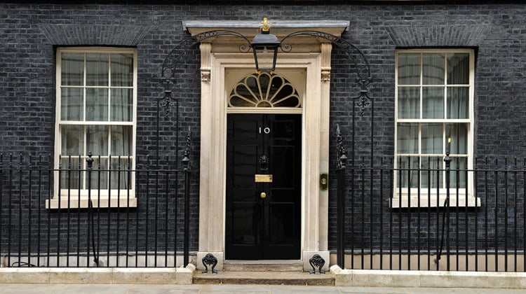 Image of the front door of number 10 Downing Street, London.