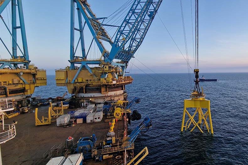 Foundation installation at the Seagreen Wind Farm site, 27 kilometres off the coast of the county of Angus in Scotland Credit: SSE Renewables