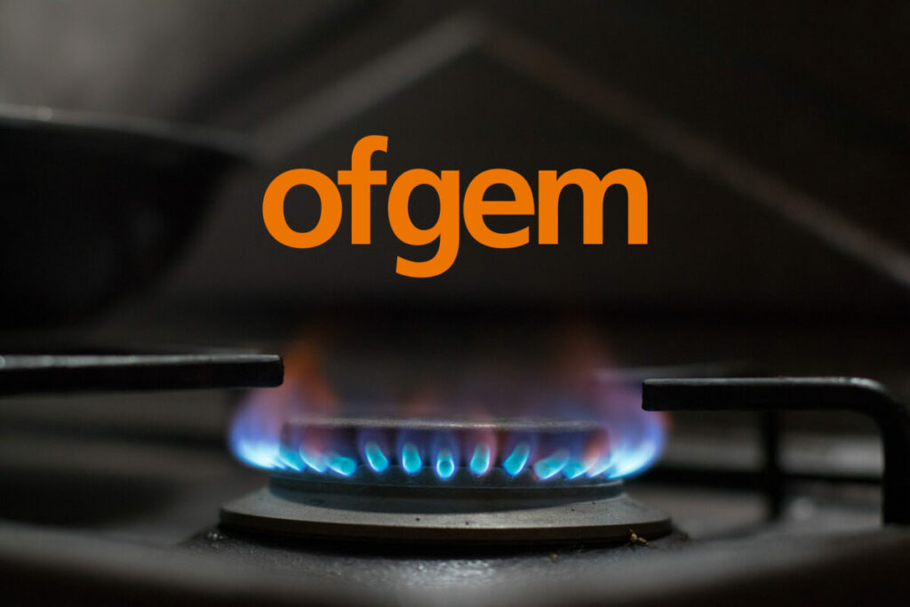 Orange ofgem text over a blue gas stove