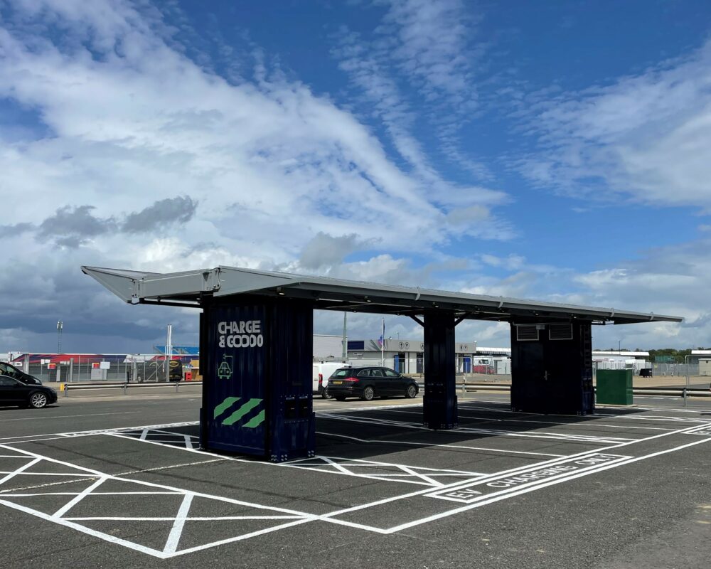 The solar-powered EV charging hub will help Silverstone reduce its carbon emissions. Image: 3ti.