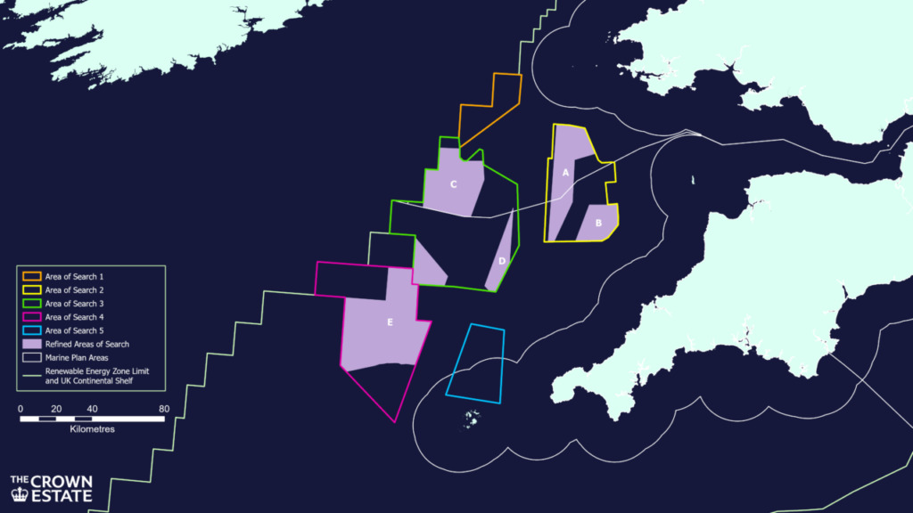 The Crown Estate's current scenario of four Project Development Areas (PDAs) located within the Refined Areas of Search A and B. Image: Crown Estate