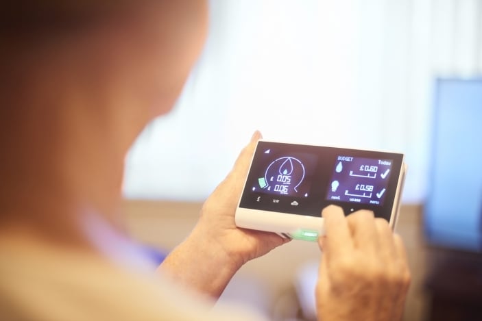 a woman looks at a smart meter