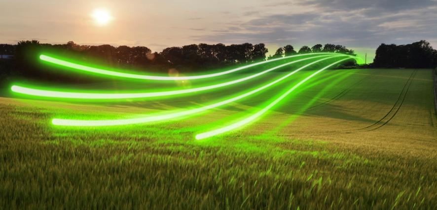 Green waves of light float over a field at dusk