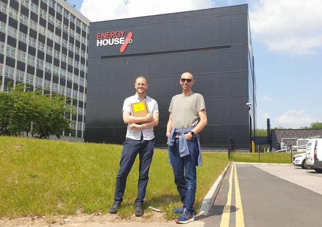 Founders Russell Murchie and Matthew Whitefoot outside the Energy House test facility in Salford.