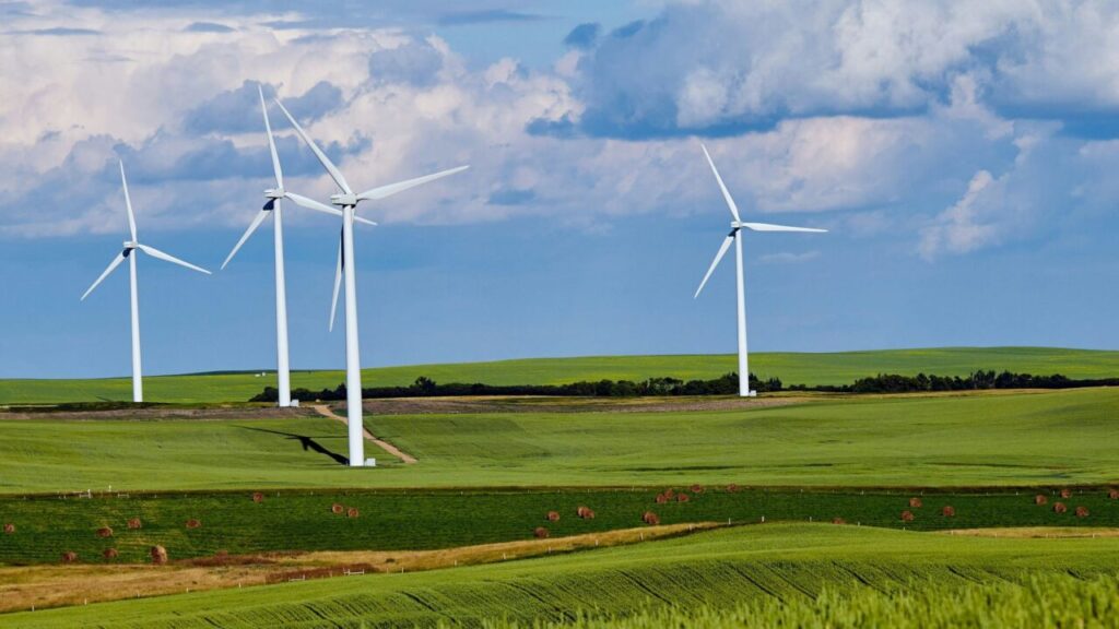 Wind turbines on rolling green hills under a bright blue sky with white clouds