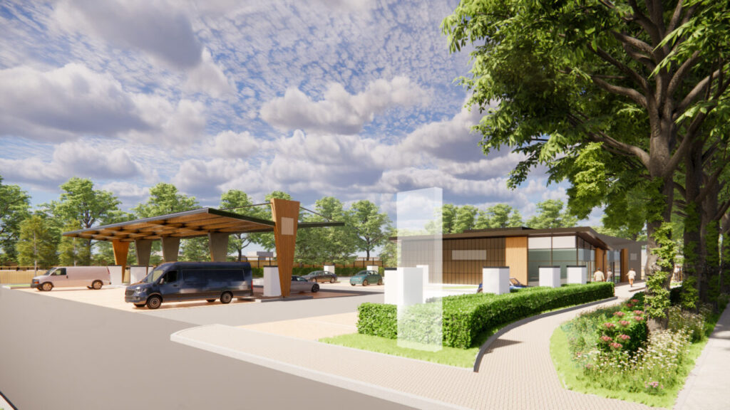 A CGI render of the proposed EV charging hub