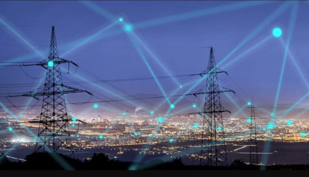 Pylons over an evening sky connected by blue lines