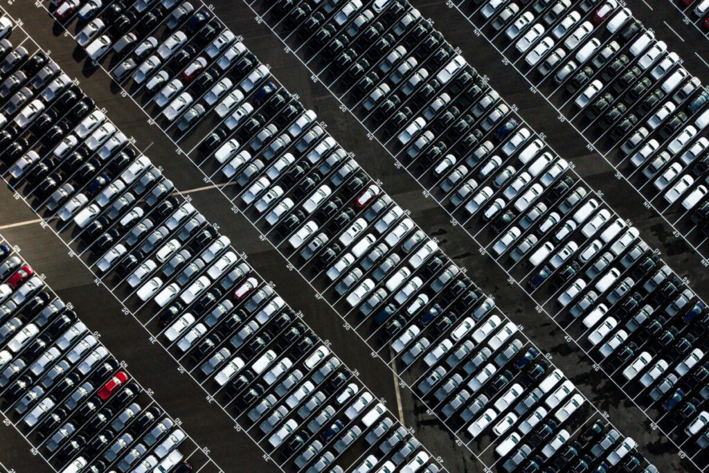 Overhead image of new car lot.