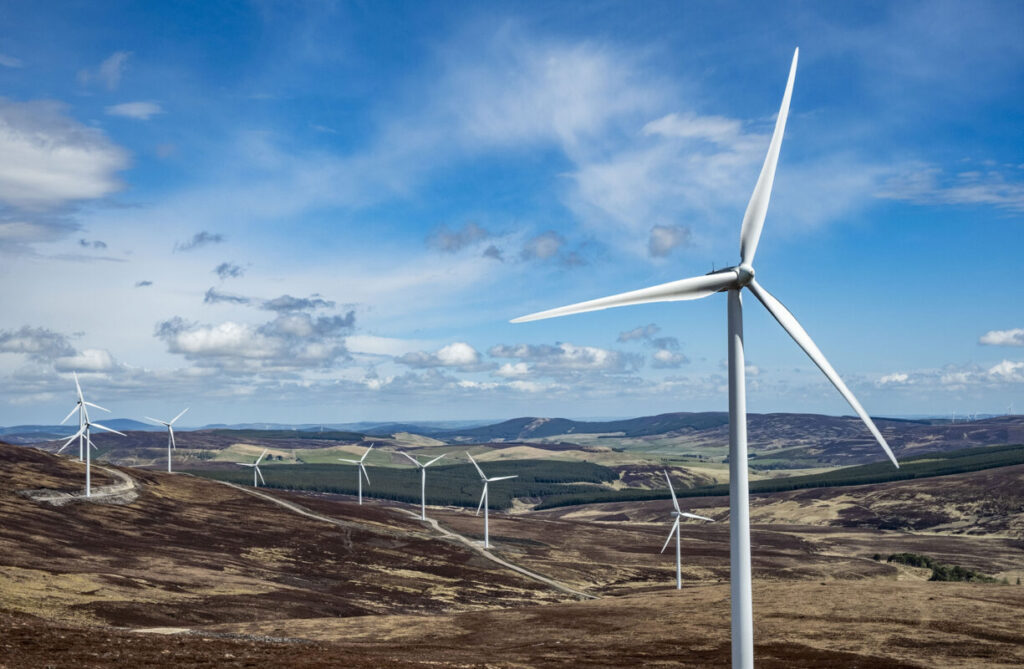 Wind turbine at Dorenell wind farm in Scotland