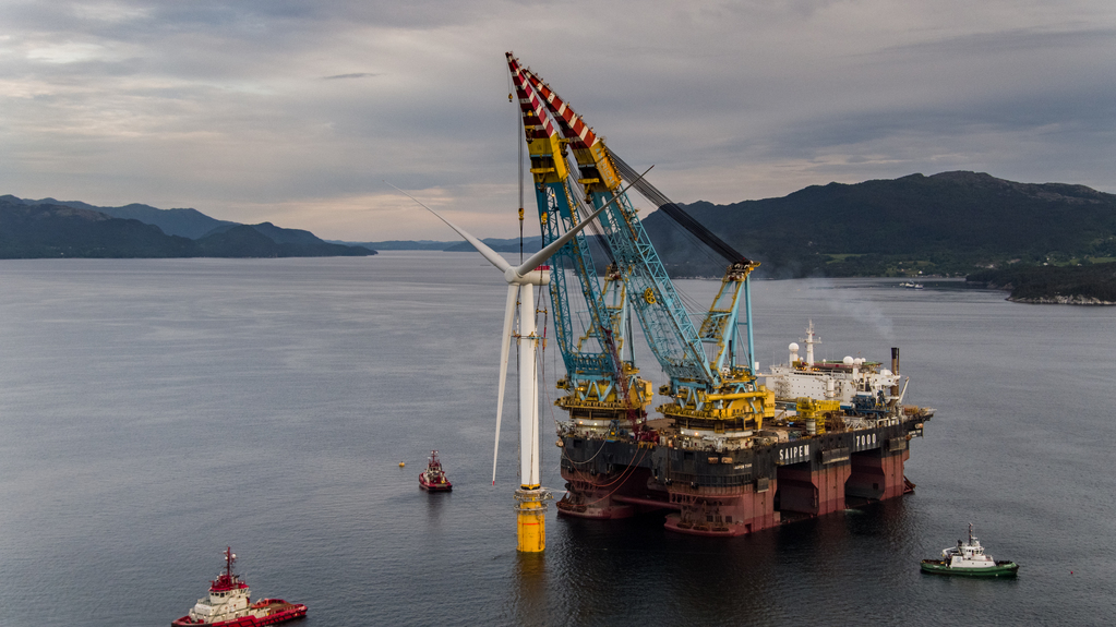 Floating offshore wind turbine being installed