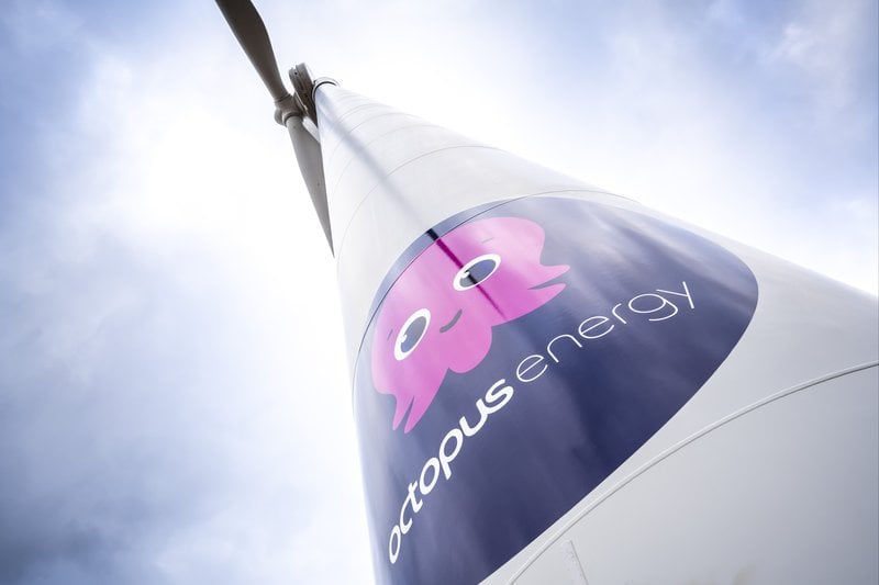a wind turbine shot from a low angle with an Octopus Energy logo on it