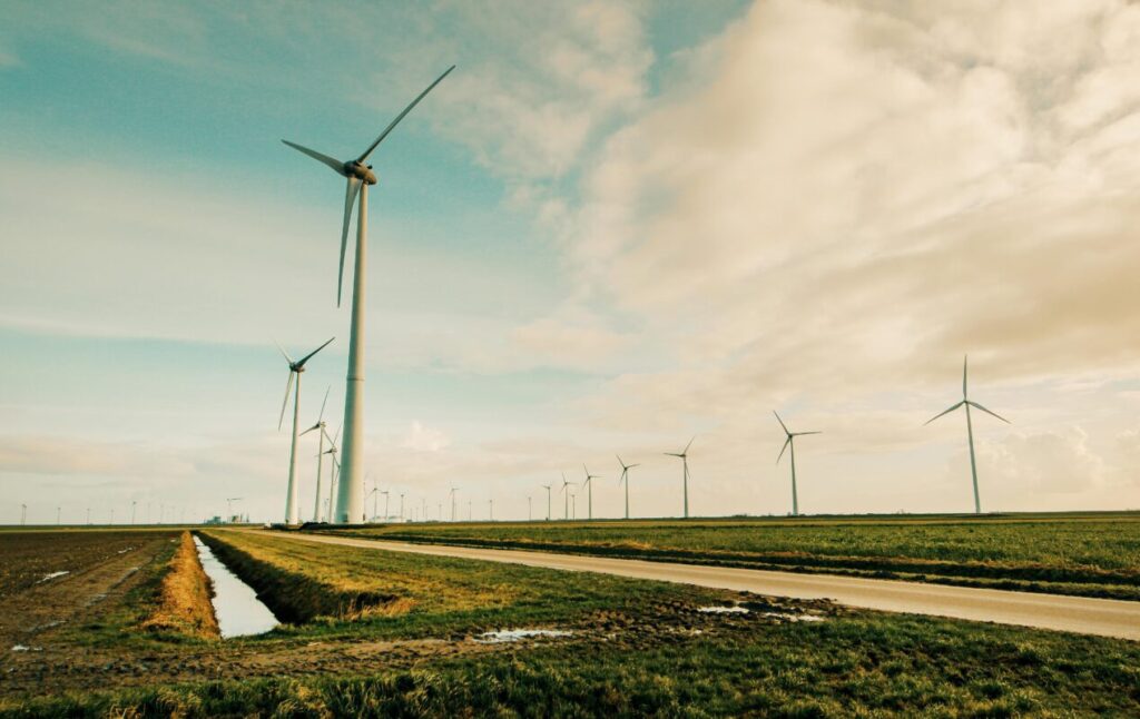 Wind turbines along a road in the early evening