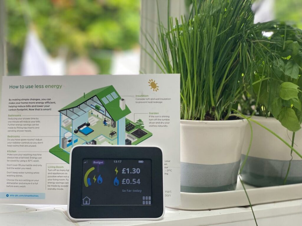 An energy smart meter in front of a leaflet about power usage, a window and a pot plant