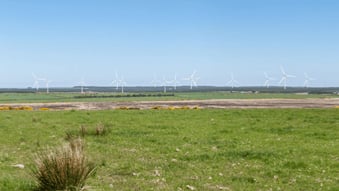 A wide view of a landscape with wind turbines edited in
