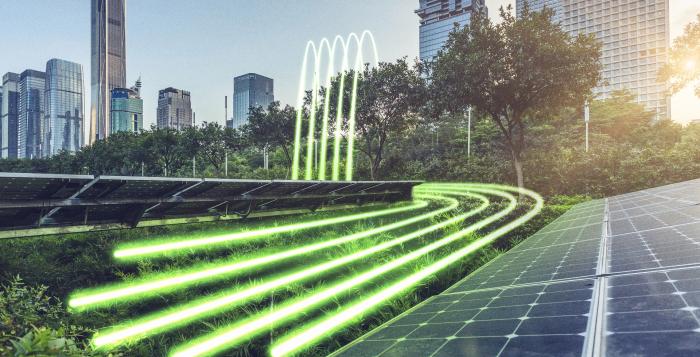 electric green digital lines across a cityscape