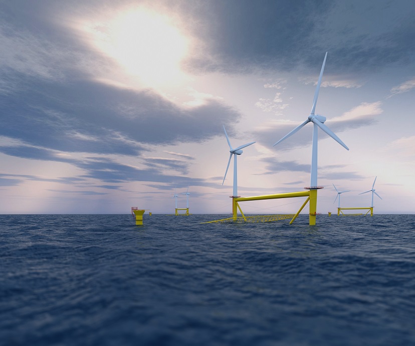Floating offshore wind turbines under a cloudy sky