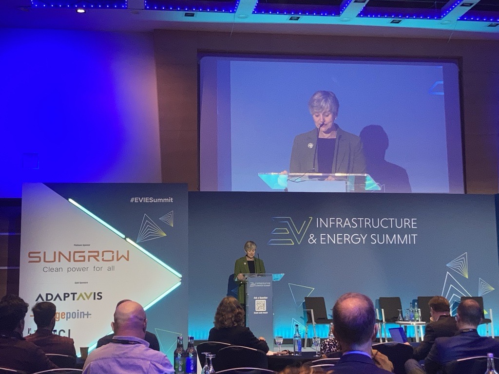 Lilian Greenwood MP speaking at London's EV Infrastructure summit, courtesy of Solar Media