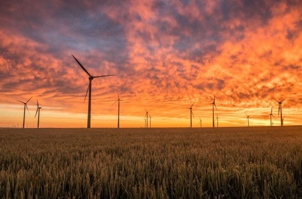 wind turbines on a grassy field at sunset