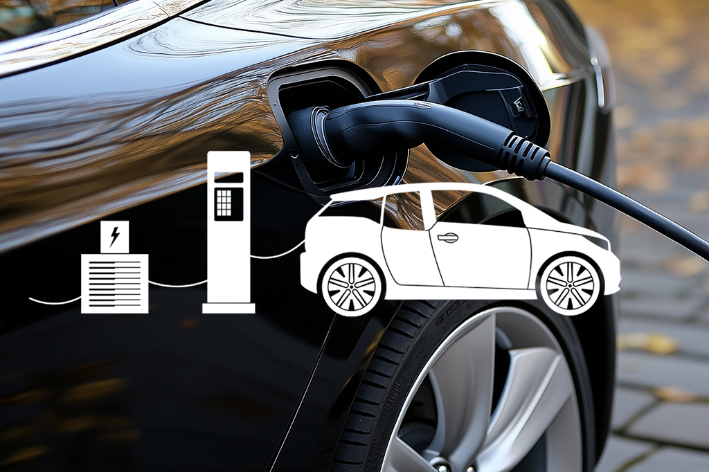 white graphics of an EV over a photograph of an EV plugged into a charger