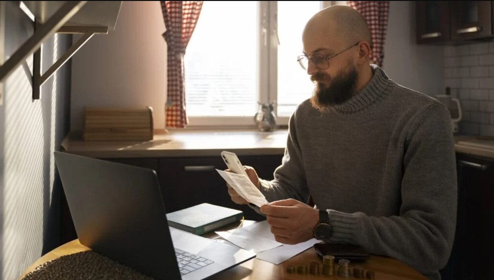 A man sat in front of his laptop looks at an energy bill and looks worried