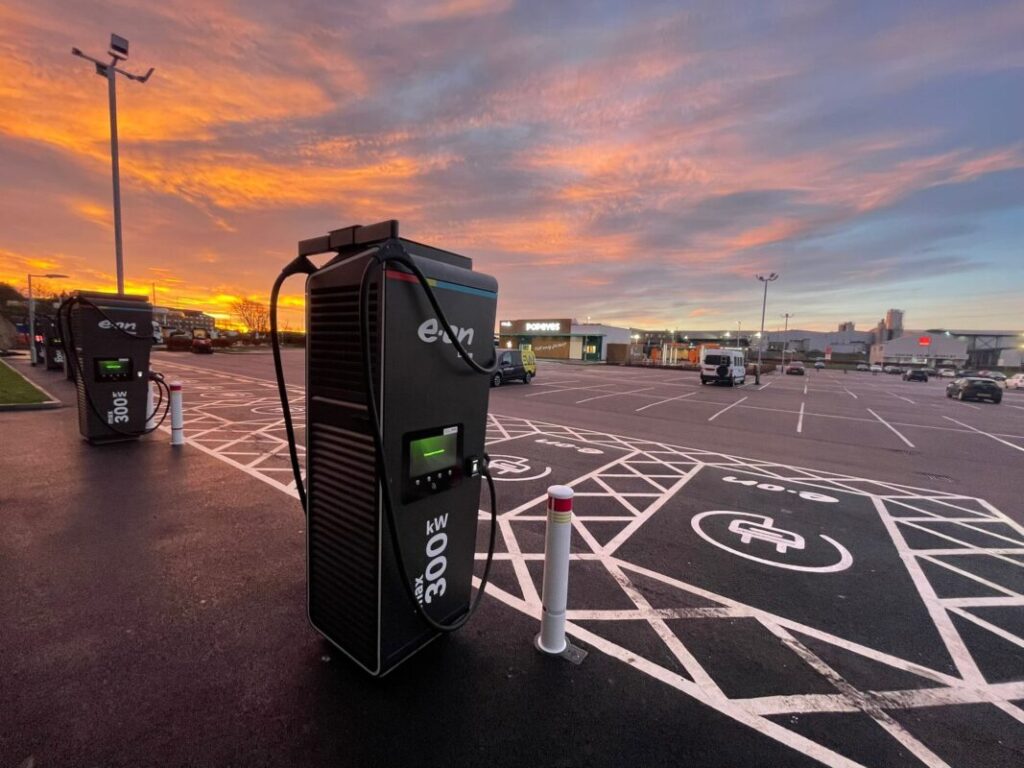 an e.on drive chargepoint at sunset