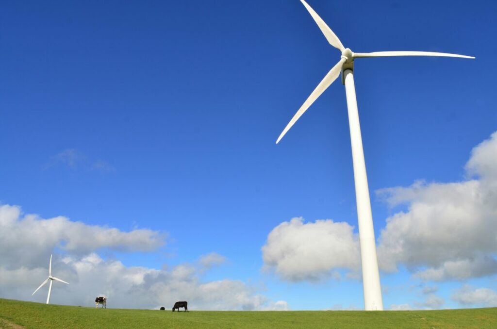 wind turbine on green field under blue skies