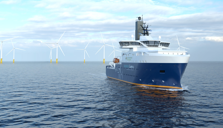 a boat on the sea with wind turbines behind