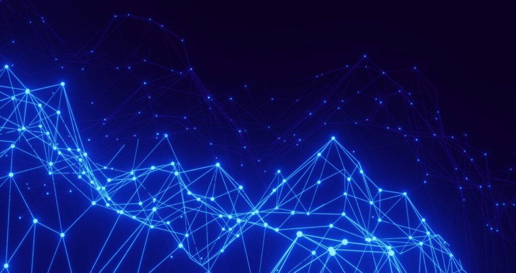 glowing blue digital lines connected by dots on a dark blue background