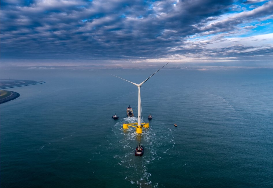 a floating offshore wind turbine at sea