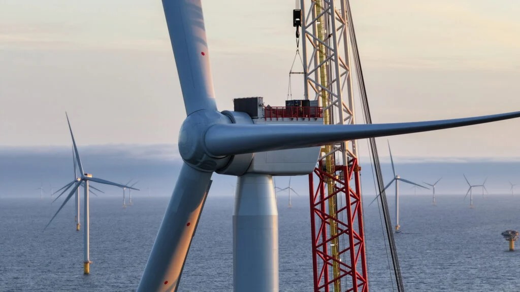 a close up of an offshore wind turbine