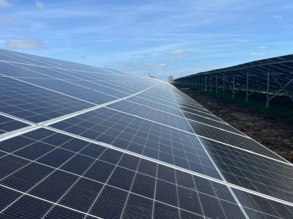 a close up of solar panels from a low side on angle