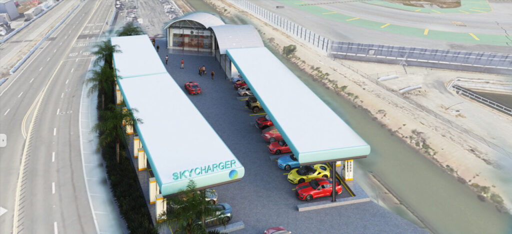 a 3d render of an ev charging hub