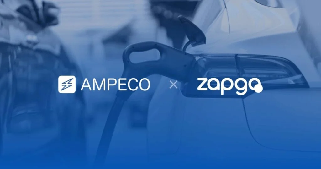 an image of an ev charger plugged into a car with the ampeco and zapgo logos on top