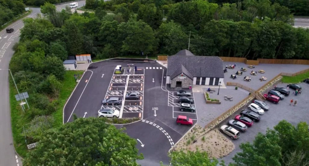 an ev charging hub from above