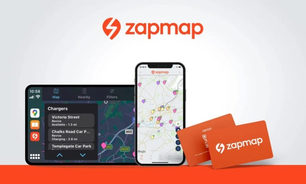 a phone, an in car display, and two orange cards on a white background under the zapmap logo
