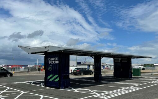 The solar-powered EV charging hub will help Silverstone reduce its carbon emissions. Image: 3ti.