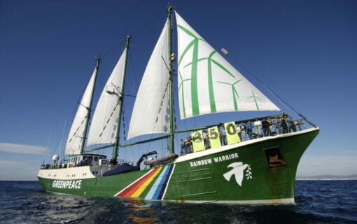 Greenpeace Rainbow Warrior -- off the coast of Barcelona. Image: Greenpeace via Flickr