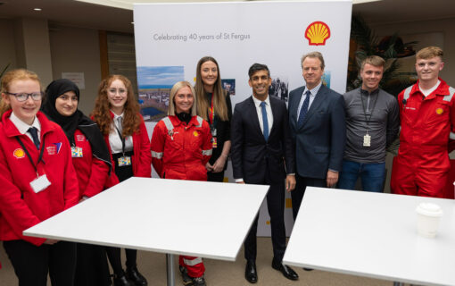 31/07/2023. Aberdeen, United Kingdom. The Prime Minister Rishi Sunak, accompanied by the Secretary of State for Scotland Alister Jack, visits the Shell St Fergus Gas Plant near Aberdeen where he was shown around the plant by senior executives, met some of the employees and also met several young professionals at the start of their careers in the industry. Shell St Fergus. Picture by Simon Walker / No 10 Downing Street